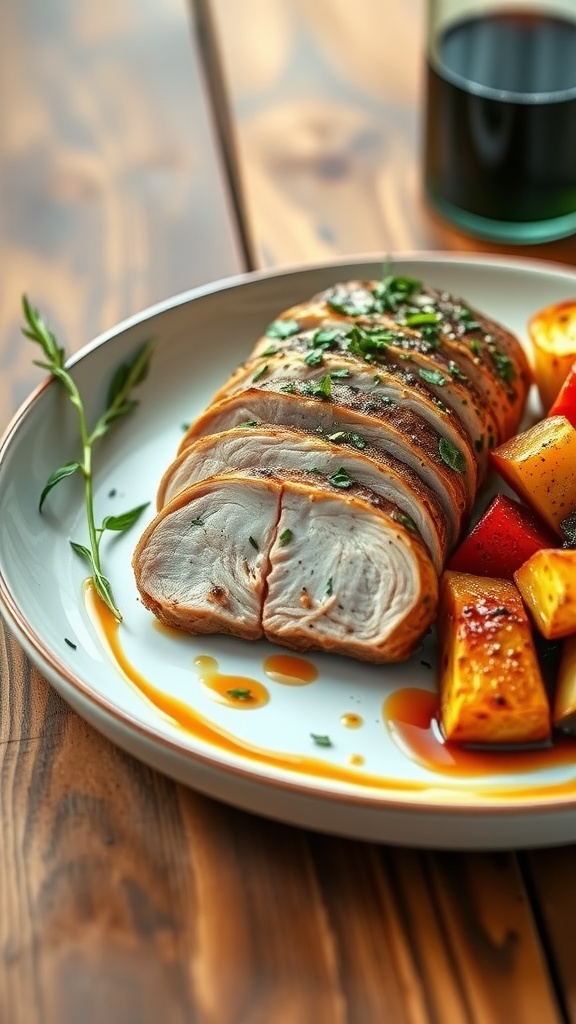 Slices of juicy garlic herb pork fillet garnished with fresh herbs and accompanied by roasted vegetables on a rustic table.